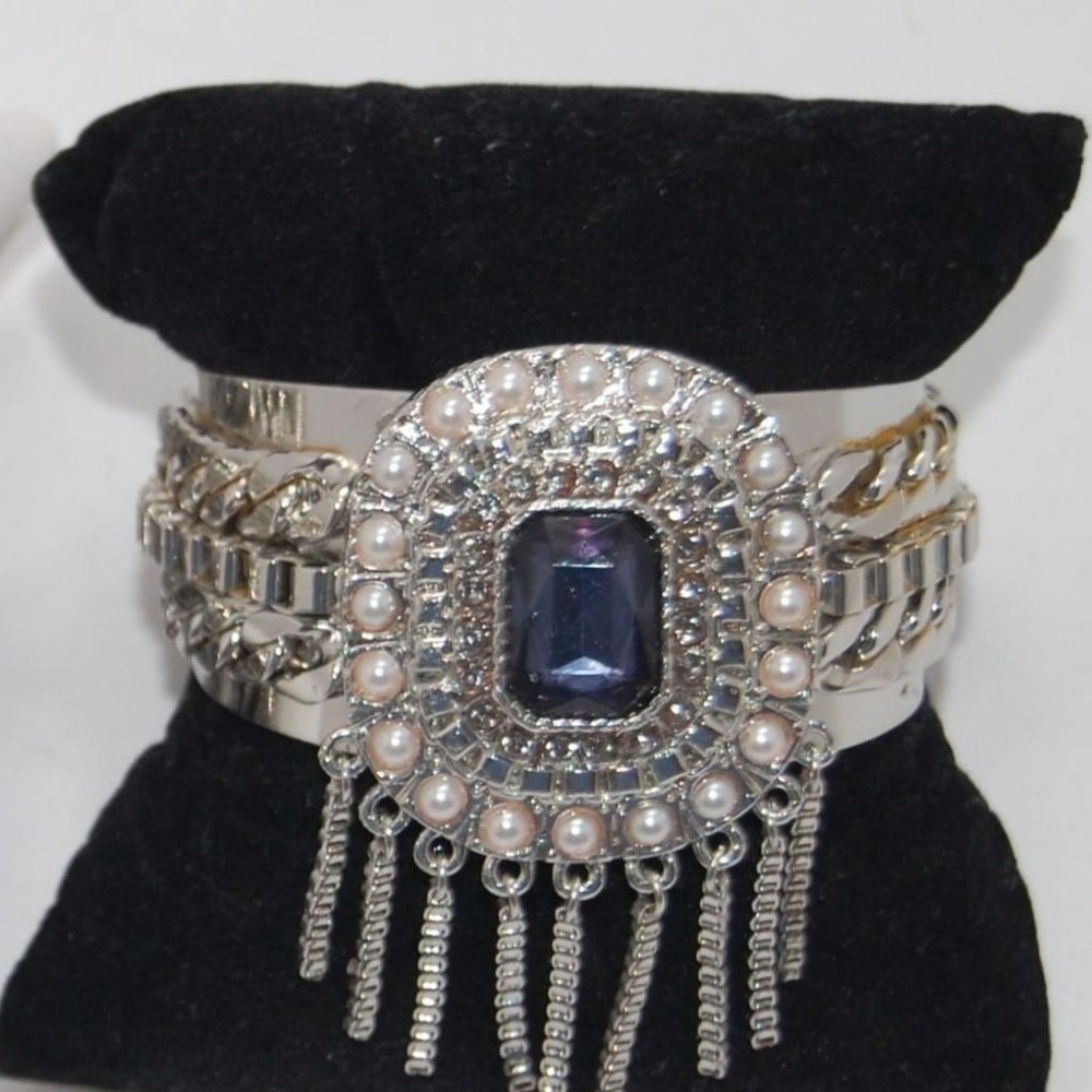 Lucky Brand Pearls and Blue and White Rhinestones Silver Plated Cuff Bracelet